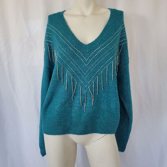 Broadway 38 womens Sz L  teal embellished fringe Sweater - Picture 1 of 11